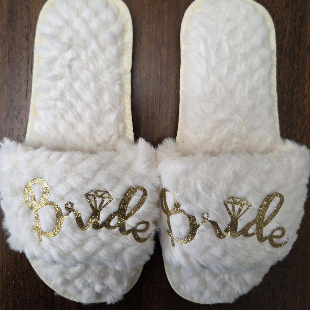 White Furry Bride Slippers with Gold Lettering- Size 7.5/8